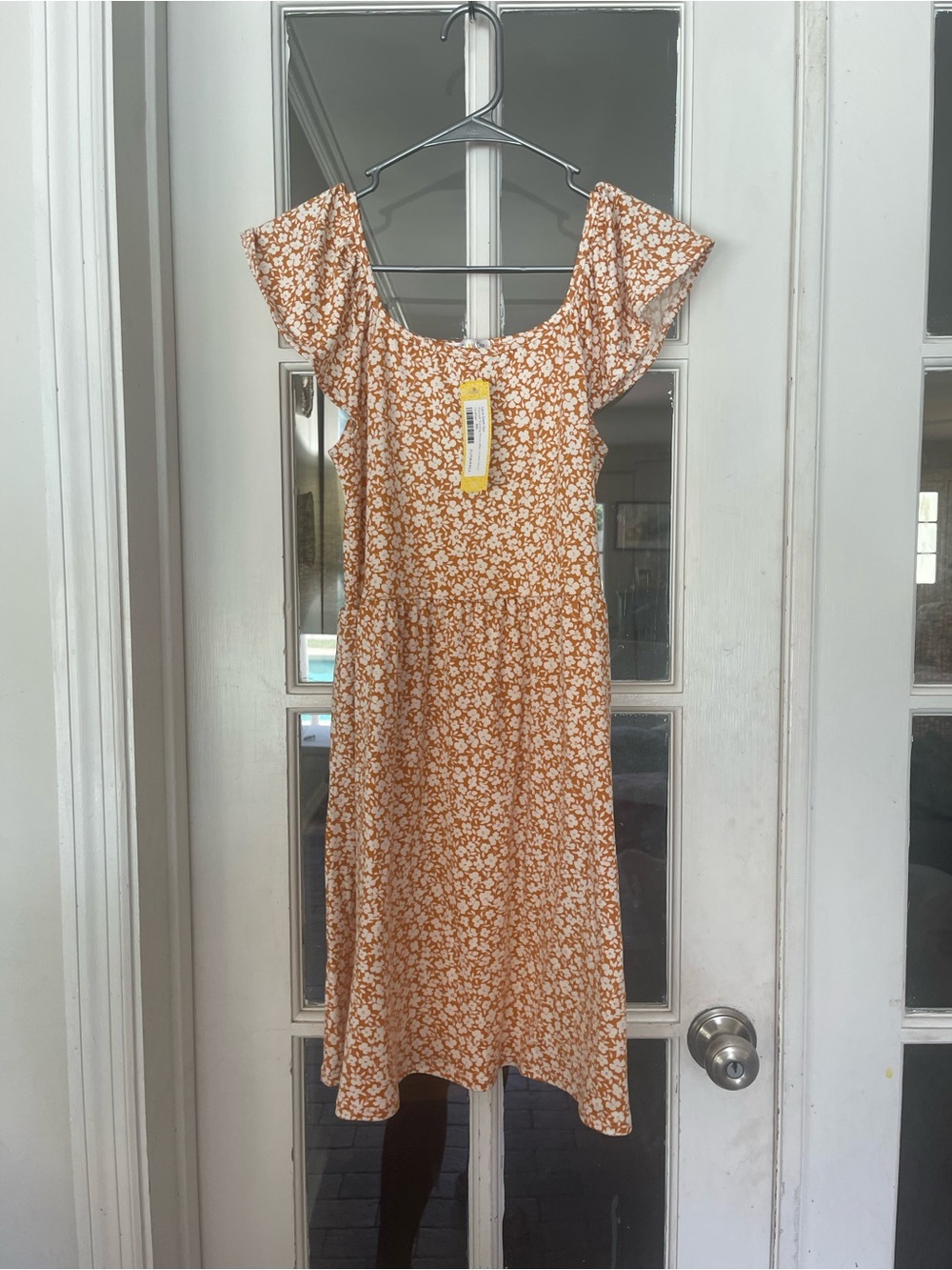 Rust Floral Square-Neck Midi Dress with Flutter Sleeves